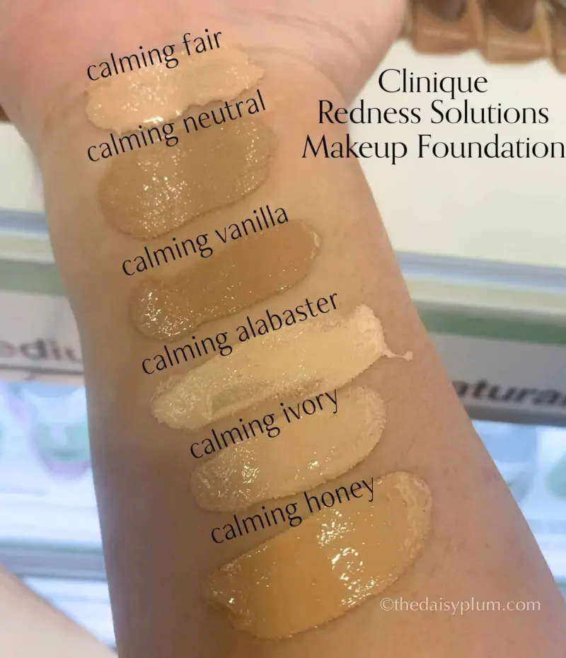 clinique redness solutions makeup foundation swatches calming alabaster, calming fair, calming ivory, calming neutral, calming honey, calming vanilla